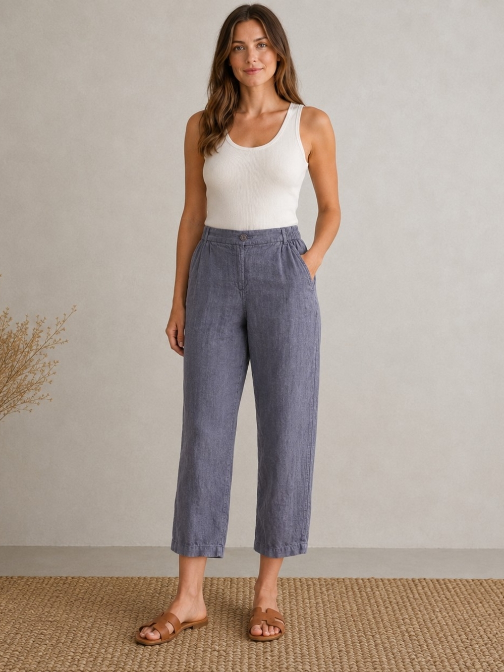Poetry 100% Linen Cropped Pants Gray Size 6 Elastic Waist